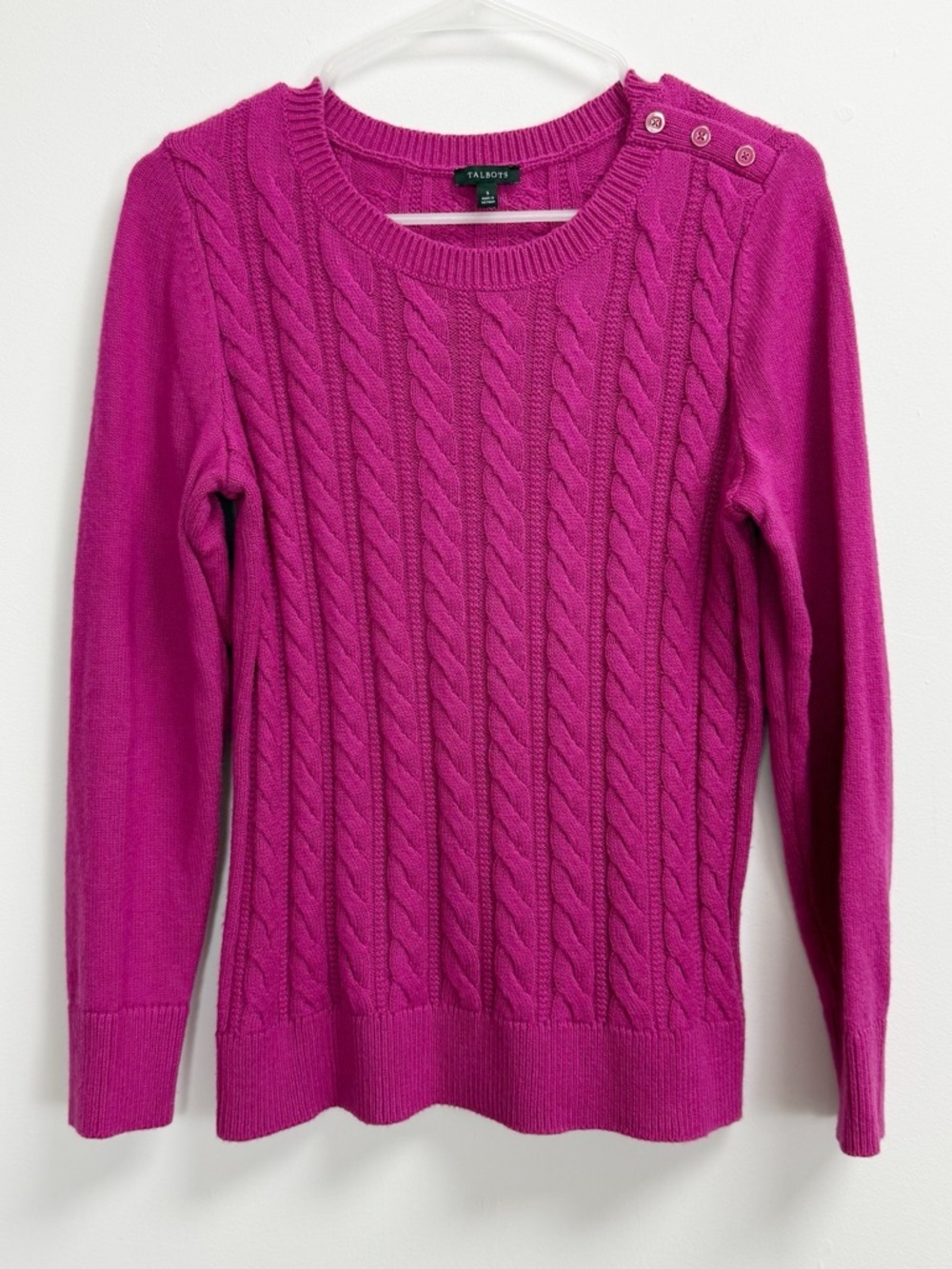 Talbots Cableknit Sweater Womens Small Pink Button Cotton Blend Long Sleeve